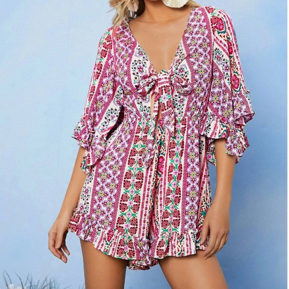 Boho Flounce Sleeve Tie Front Floral Romper - Picture 2 of 7